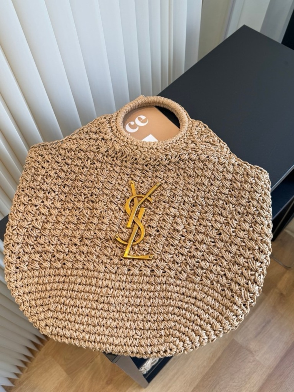 Saint Laurent Beige Woven Round Tote with Gold Logo Accent